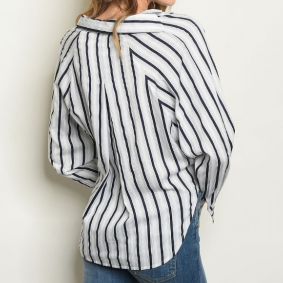 TIE FRONT HIGH LOW NAVY & WHITE STRIPED TOP - Picture 3 of 4